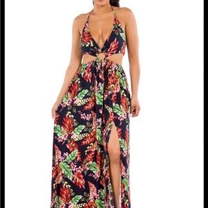 Tropical Floral Halter Maxi Dress in Navy